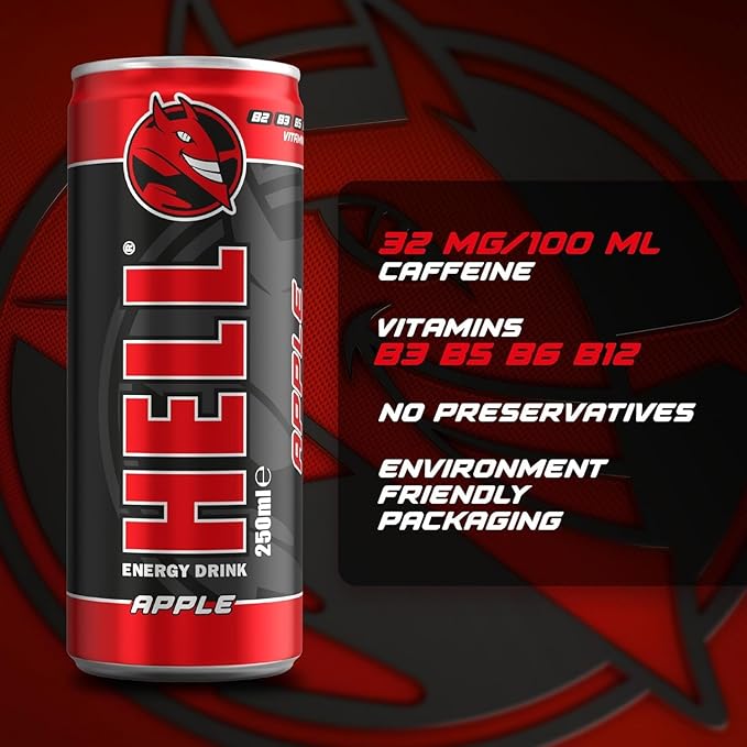 A.I. Energy Drink | 32 mg/100 ml Caffeine | Vitamins B3 B5 B6 B12 | No Preservatives | Environmentally Friendly Packaging | 24 x 250ml | Compatible with HELL Energy (250ML HELL-APPLE)