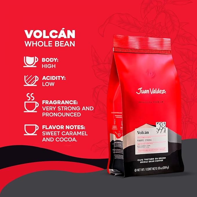 Juan Valdez Volcan Whole Bean Coffee - Dark Roast | 100% Colombian Arabica Beans | Premium Colombian Coffee with Low Acidity and Notes Of Sweet Caramel &amp Cocoa | 16 oz / 454 gr