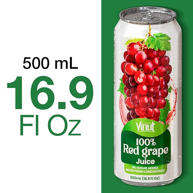 VINUT 100% Red Grape Juice No Added Sugar Not From Concentrate 16.9 fl oz (500 mL) Can Pack of 12