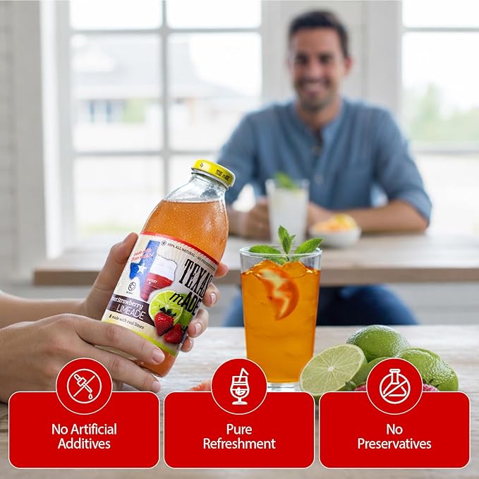 Texas mADE Poteet Strawberry Limeade Limeade Made with Pure Cane Sugar and Strawberry Flavor No Preservatives Texas Crafted Limeade 16 fl oz Pack of 12