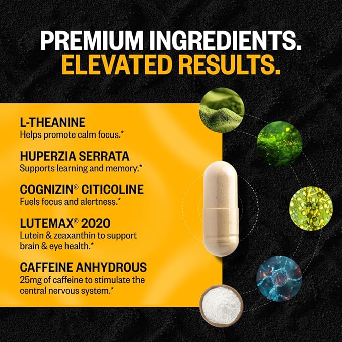 ONNIT Alpha Brain Black Label Capsules IGEN Non-GMO Tested Citicoline Brain Supplement for Concentration and Memory Lion’s Mane Lutemax Lutein L Theanine and Mucuna Pruriens 80 Count