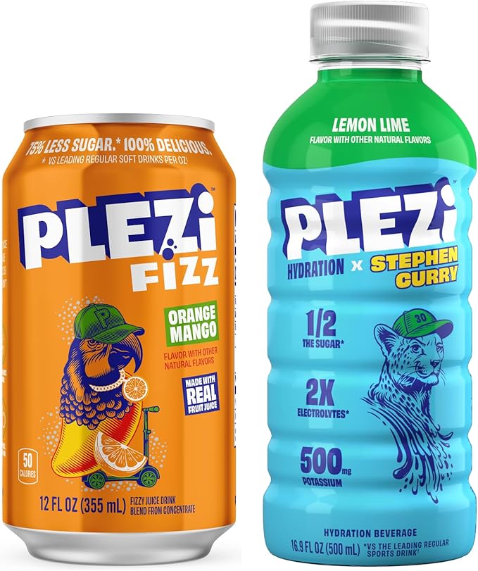 PLEZi FiZZ Orange Mango &amp Lemon Lime Hydration Drink Bundle – Sparkling Juice &amp Electrolyte Beverage with Real Fruit Juice No Added Sugar Low Sugar – 12 Fl Oz + 16.9 Fl Oz (24 Pack Total)