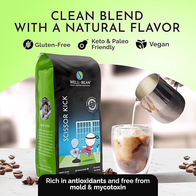 Well-Bean Coffee - Scissor Kick Whole Coffee Beans Blend Dark Roast Coffee Beans Vegan &amp Gluten-Free Keto Coffee Papua New Guinea Brazilian &amp Sumatra Coffee 2 lb
