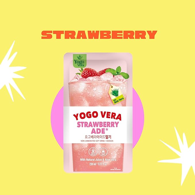 Yogo Vera Strawberry Ade Korean Drink Pouches – Authentic Korean Convenience Store Beverage with Sweet Strawberry Flavor Refreshing Juice Pouch (10 Pack)