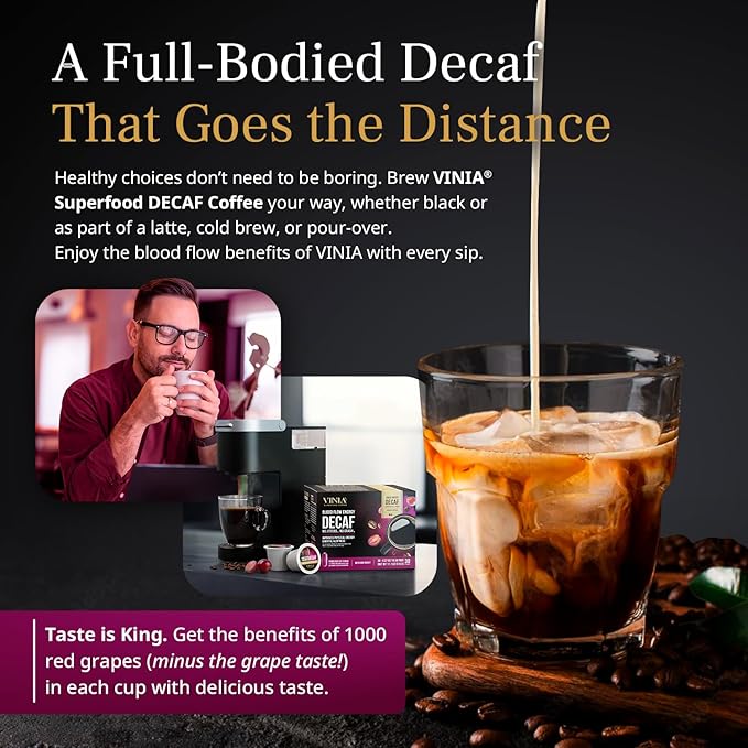 VINIA Decaf Medium Dark Roast Coffee with Red Grape Piceid Resveratrol Nitric Oxide for Heart Health Alertness Physical Energy &amp Blood Flow Circulation. 30ct K-Cup Pods