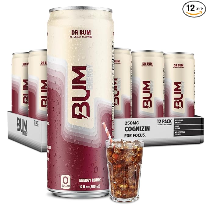 BUM Sugar-Free Energy Drink Dr BUM - Lightly Carbonated &amp No Artificial Colors Natural Caffeine &amp Citicoline for Energy &amp Focus Brain Boost &amp Workout Sports Beverage - 12 oz 12-Pac