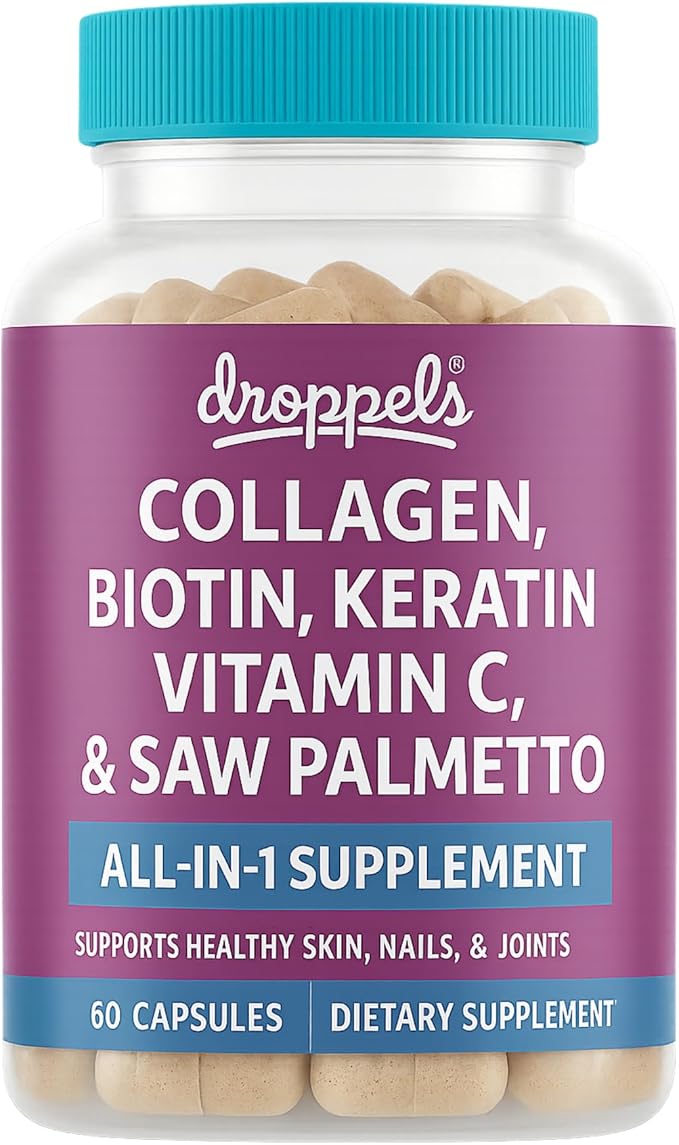 Droppels Collagen Capsules – Advanced Collagen + Biotin + Keratin + Vitamin C – Hair Skin Nails &amp Joints Support – 60 Count Dietary Supplement