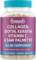 Droppels Collagen Capsules – Advanced Collagen + Biotin + Keratin + Vitamin C – Hair Skin Nails &amp Joints Support – 60 Count Dietary Supplement