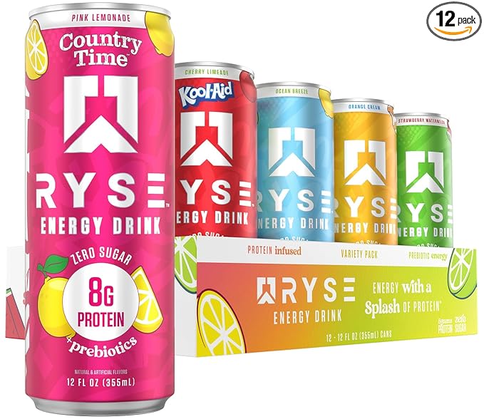 RYSE Functional Energy Drink - 5 Flavors Variety Pack - 150mg Natural Caffeine 8g Whey Protein &amp 1g Prebiotics - Sugar Free Gut-Friendly Bloat-Free - 12 fl oz Cans (12-Pack)