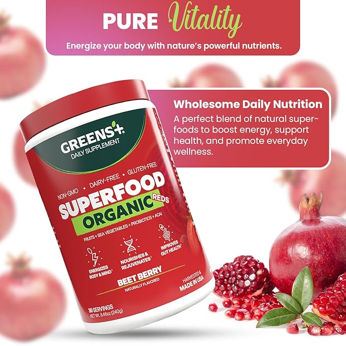 Greens+ Organic Reds Superfood Powder Antioxidant Polyphenol Blend for Morning Kick Energy Vitality Boost Nutrition Vibrant Health Vegan Soy/Dairy/Gluten Free(8.46oz)
