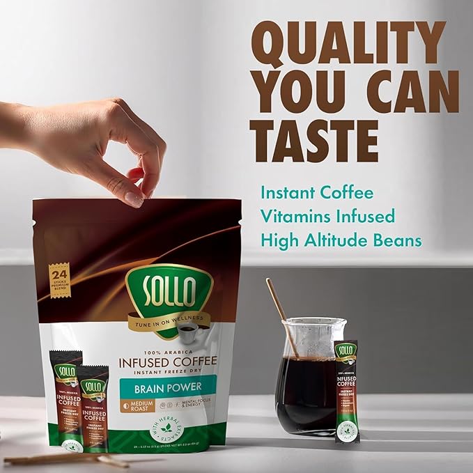 Sollo Brain Power Instant Coffee Sticks (24 Servings) Cinnamon Notes - Dark Roast Enhanced Brain Function &amp Immune Support Focus Bold &amp Smooth Taste 100% Arabica Freeze Dry.