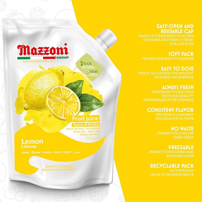 Mazzoni - Lemon Juice 100% Pure Lemon Just Juice No Sugar Added Not from Concentrate No Added Ingredients Mixer for Cocktails Drinks Smoothies – 2.2 lb Convenient Pouch Made in Italy