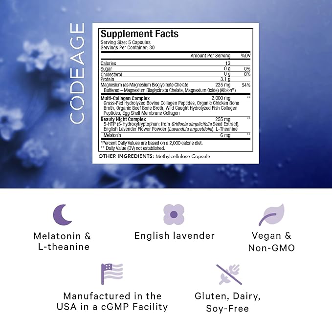 Codeage Multi Collagen Protein Beauty Night - Melatonin Magnesium Bisglycinate 5-HTP L-Theanine English Lavender Flower Bone Broth - Vitamins - Supplement - Sleep Pills - Non-GMO - 150 Capsules