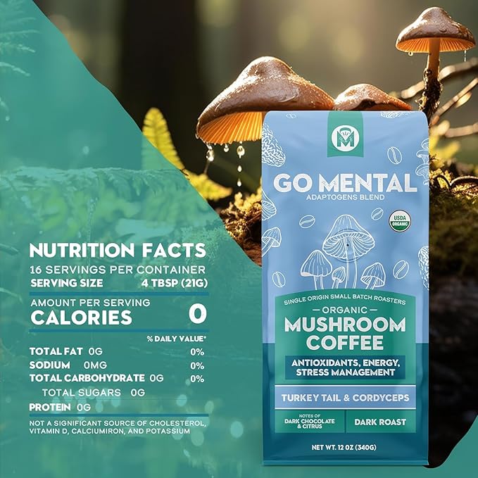 Organic Turkey Tail &amp Cordyceps Mushroom Coffee Dark Roast Antioxidants Immune System Support overall wellness Grade 1 Single Origin Peruvian | 12oz - Ground (2 Pack)