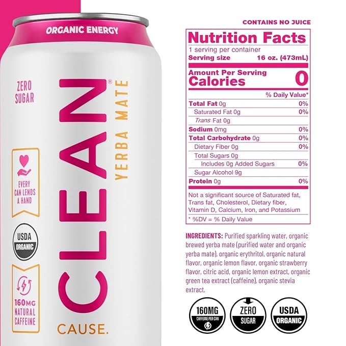NEW CLEAN Cause Zero Sugar Strawberry Lemonade Yerba Mate Tea Sparkling USDA Organic Energy Drink Alternative Zero Calorie 160mg Natural Caffeine Soda Alternative (16oz cans 12-Pack Case)