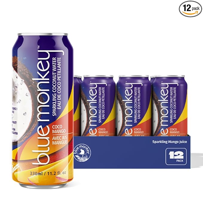 Blue Monkey Sparkling Coconut Water with Mango - 99.7% Coconut Water &amp Juice Blend - No Sugar Added All Natural Shelf Stable - Lightly Carbonated Tropical Beverage - 11.2oz (330ml) 12-Pack