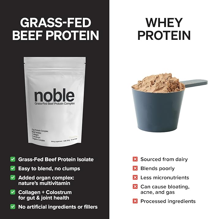 Noble Grass Fed Beef Protein Powder | Beef Protein w/Collagen Colostrum Organ Blend | Carnivore Keto Friendly | Whey Gluten Free | Muscle Gut Health Skin Joint Support | 30 Servings Vanilla