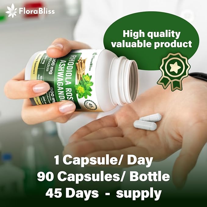 FloraBliss Rhodiola Rosea with Ashwagandha KSM-66 L-Theanine Holy Basil &amp BioPerine - 90 High Potency Vegan Capsules - 45-Day Supply - No Artificial Additives
