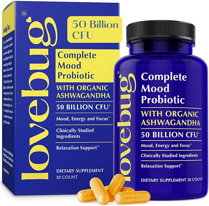 LoveBug Complete Mood Probiotics for Women - 50 Billion CFU 10 Clinically Studied Strains Lactobacillus Bifidobacterium Probiotic with Ashwagandha Digestive Health Mood Support Supplement 30 Count