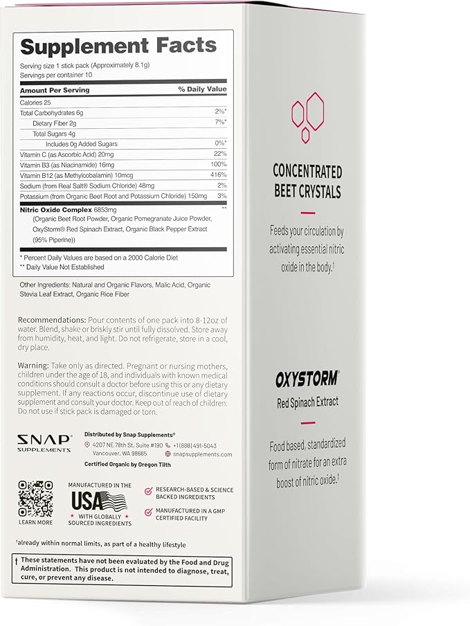 Snap Supplements Organic Beet Root Powder Nitric Oxide Supplement for Men &amp Women with Red Spinach Supports Healthy Energy &amp Blood Pressure Already in Normal Range 10 Stick Packs Mixed Berr