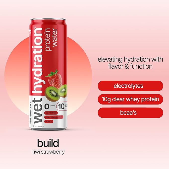 Wet Hydration Protein Water | Electrolyte Drink with Clear Whey Protein &amp BCAAs - Kiwi Strawberry Flavor (12oz Cans Pack of 12) | Zero Sugar 10g Protein Low Calorie Functional Hydration
