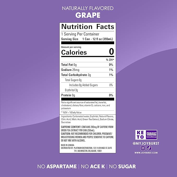 No Sugar Joyburst Energy Drink Grape 0 Calorie 0 Sugar Sugar Free Energy Drink with Natural Caffeine Hint of Sweetness and Refreshing Sparkling Water - 12 Packs