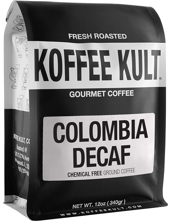 Koffee Kult Colombia Decaf Coffee Ground Decaffeinated Medium Roast 100% Arabica Whole Bean Naturally Swiss Water Process Chemical Free Espresso (Ground 12oz)