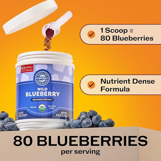 Vimergy Wild Blueberry Powder –Protects Brain Health* - Supports Cardiovascular Function* – USDA Organic Vegan &amp Gluten-Free – 250g