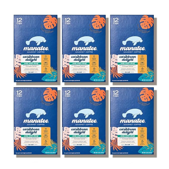 Manatee Coffee Gourmet Single Serve Coffee Pods for Keurig K-Cup Brewers Caribbean Delight Flavored Swiss Water Decaf 72 Count