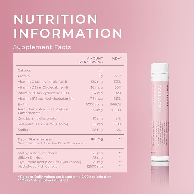 Swedish Collagen Deluxe | 12500 mg Hydrolyzed Marine Collagen Liquid Supplement - 20 x 25 ml Daily Shots | Hyaluronic Acid Biotin and Vitamin C for Healthy Hair Skin Nails and Joints | Sugar-Free