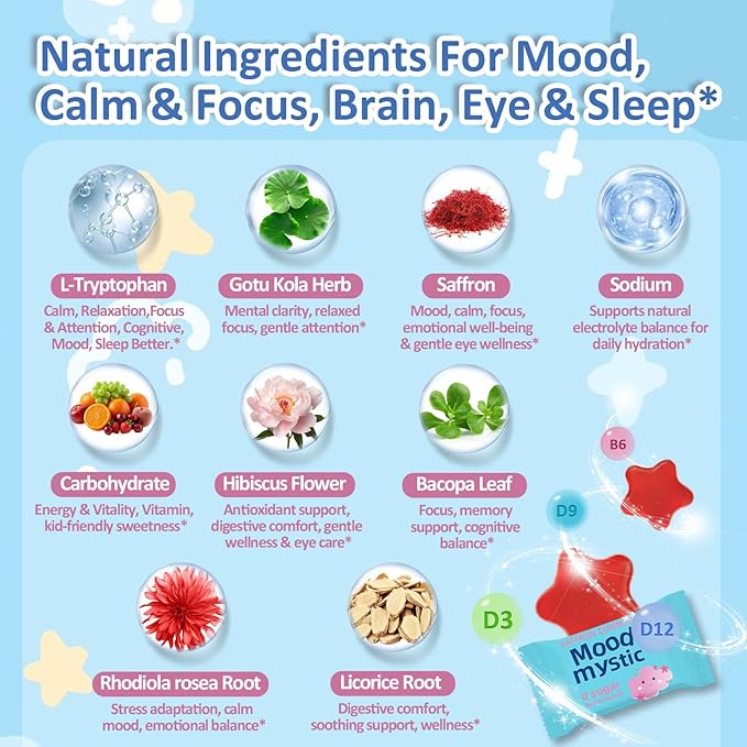 Saffron Gummies for Kids - Saffron Extract Supplement with GABA Calms Temper Tantrums Supports Happy Mood &amp Cognition Focus Calm Gummies for Kids 4+ Sugar Free Strawberry 90 Counts