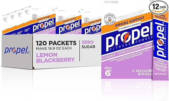 Propel Immune Support Electrolyte Enhanced Water Drink Mix Powder Packets Lemon Blackberry 100% DV Vitamin C Good source of Zinc Zero Sugar Hydration with Electrolytes and Vitamins (120 Packets)