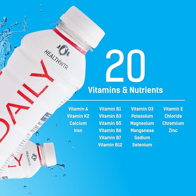 Healthwtr Daily Enhanced Water – Strawberry Pomegranate Flavor 20 Vitamins &amp Nutrients Antioxidants &amp Electrolytes 0 Calories 0 Carbs 0 Sugar Caffeine Free 12-Pack Bottles