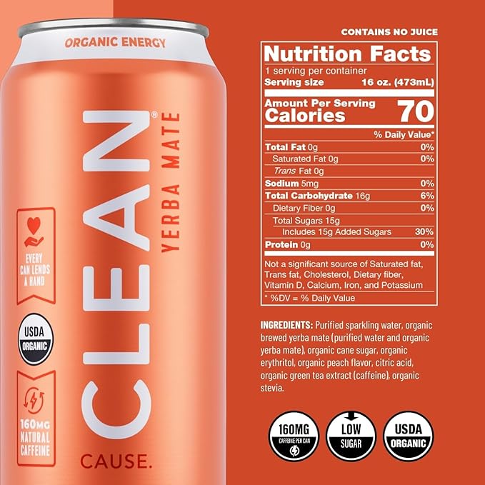 CLEAN Cause Low Calorie Peach &amp Blackberry USDA Organic Sparkling Yerba Mate Tea (16oz cans 2-12-Pack Case) Low Sugar 160mg Caffeine Healthy Alternative to Soda &amp Energy Drinks.