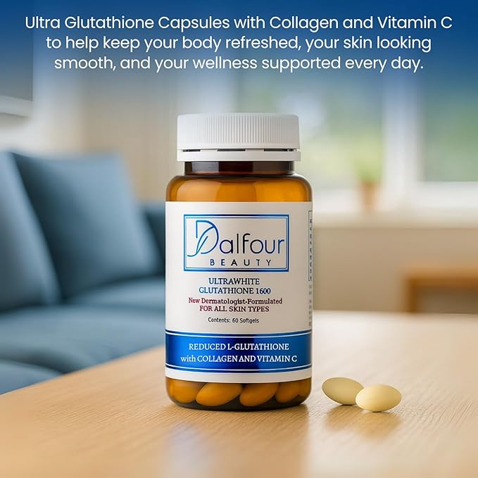 Dalfour Beauty Ultra Glutathione Capsules with Hydrolyzed Collagen &amp Vitamin C – 2400mg High Absorption Antioxidant Support Supplement – 1600mg Reduced L-Glutathione Per Serving - 30-Day Supply