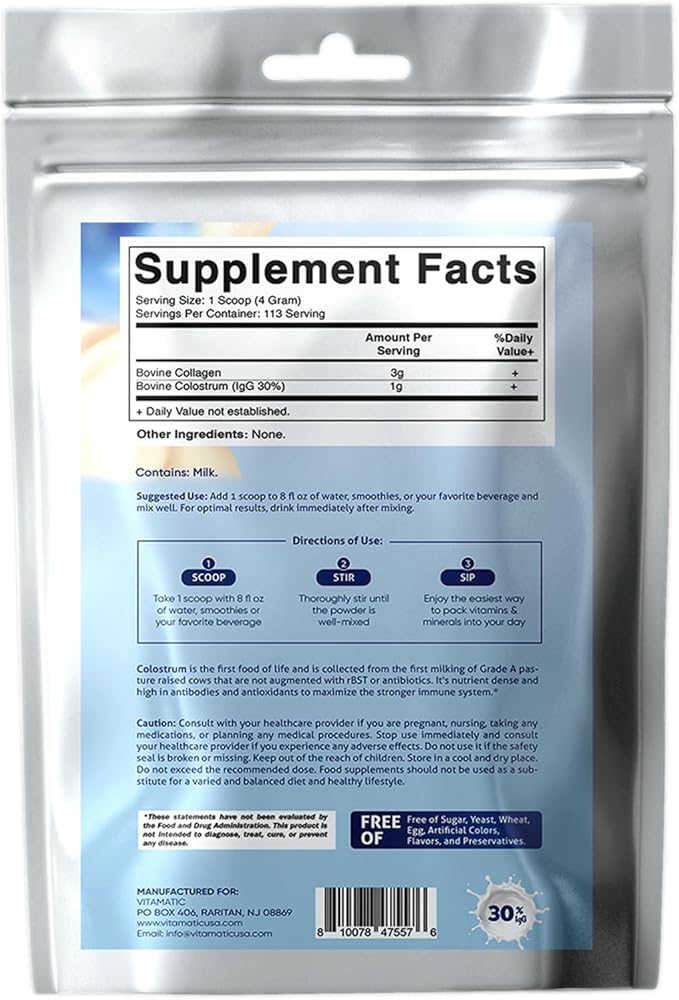 Vitamatic Bovine Colostrum + Collagen Powder - Supplement for Gut Health Hair Growth Beauty Muscle Recovery &amp Immune Support - Easy to Mix - Unflavored - 454 Gram (16 oz)