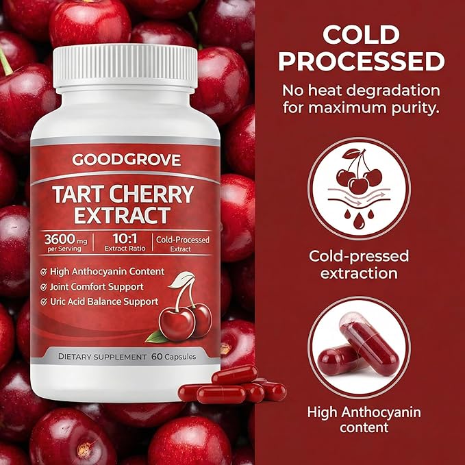 Good Grove Tart Cherry Extract Capsules GoodGrove Tart Cherry Extract Supplement | 10:1 Extract 3600mg Strength | Supports Joint Comfort 60 Count (1)