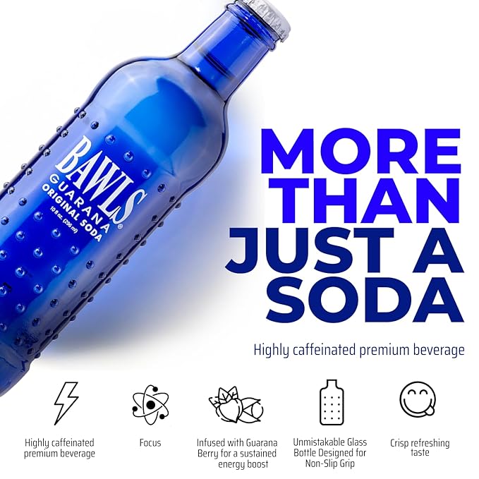 BAWLS Guarana Original - Guarana Fueled Soda for Energy High Energy Caffeinated Drink 10oz 24 Pack Glass Bottles