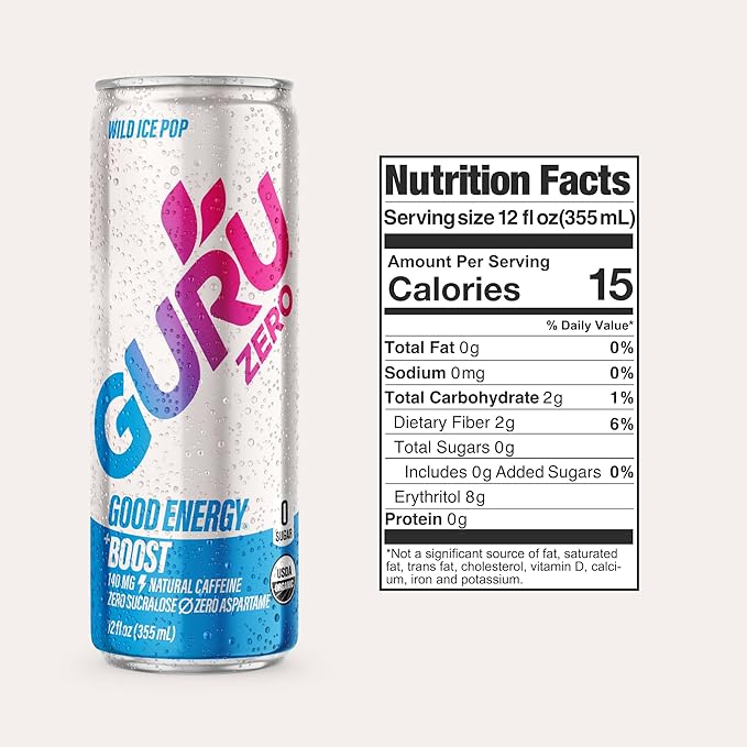 GURU ZERO SUGAR Wild Ice Pop Organic Energy Drinks Clean Energy Drink with Plant Based Natural Caffeine from Green Tea Coconut Water Prebiotic Zero Added sugars Gluten Free and Vegan Pre Workout