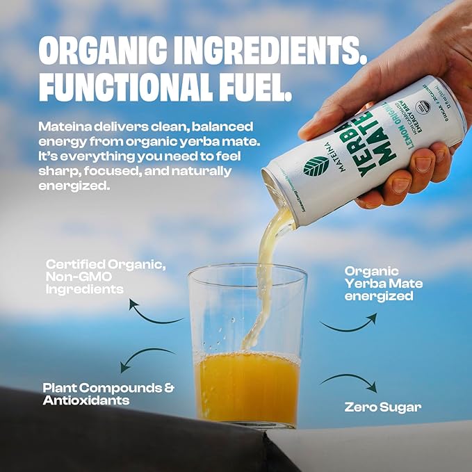 Mateina Yerba Mate Zero Sugar Energy Drink – 120mg Natural Caffeine – Organic Non-GMO Non-Carbonated – Dr. Andrew Huberman Recommended – (12 fl oz Cans 12 Pack) Lemon Original