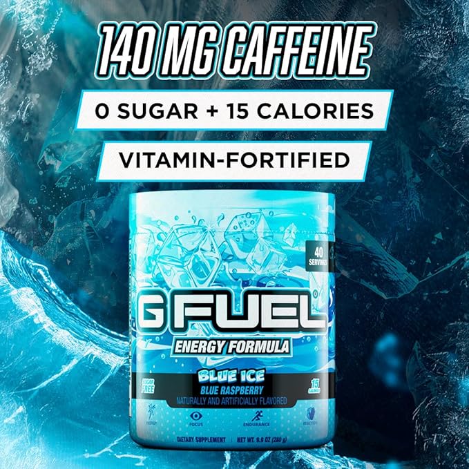 G Fuel Blue Ice Energy Drink Powder Pre Workout Caffeine Mix for Gaming Sugar Free Focus Amino Vitamin + Antioxidants 9.9oz (Blue Raspberry 40 Servings)