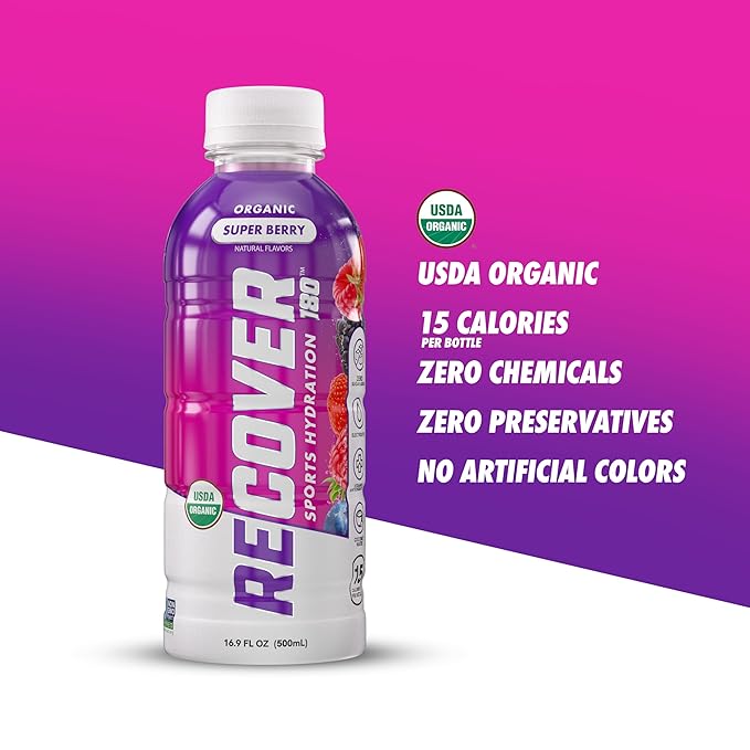 RECOVER 180 Organic Sports Hydration Drink No Sugar Added 20 Calorie Sports Beverage Organic Flavors With Vitamins Potassium-Packed Electrolytes (16.9 Fl Oz (Pack of 12) Super Berry)