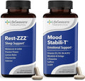 LifeSeasons Rest-ZZZ + Mood Stabili-T Bundle – Natural Sleep &amp Mood Support – Fall Asleep &amp Stay Asleep Promote Calmness Balanced Mood &amp Happiness – Low Dose Melatonin Rhodiola – 60 Cap