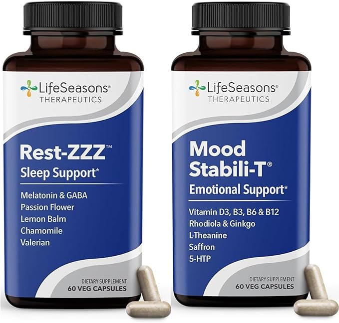 LifeSeasons Rest-ZZZ + Mood Stabili-T Bundle – Natural Sleep &amp Mood Support – Fall Asleep &amp Stay Asleep Promote Calmness Balanced Mood &amp Happiness – Low Dose Melatonin Rhodiola – 60 Cap