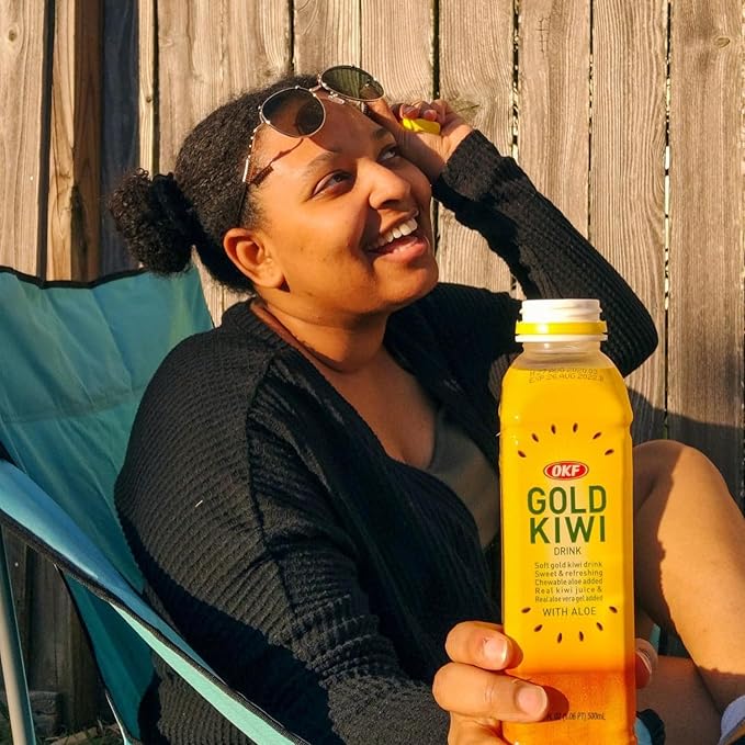 OKF Aloe Vera Juice Gold Kiwi - Flavored Aloe Vera Juice Drink Refreshing Hydrating Beverage with Chewable Aloe Pulp 16.9 Fl Oz (Pack of 20)