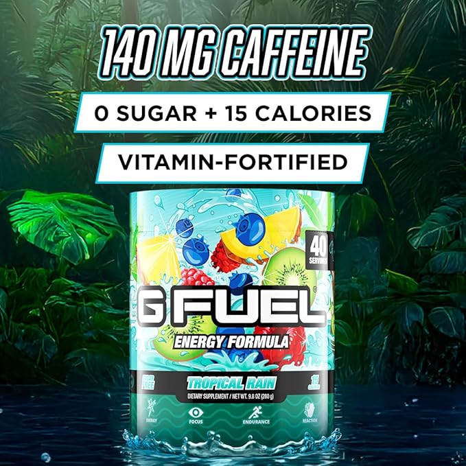Gamma Labs G Fuel Tropical Rain Energy Drink Powder Pre Workout Caffeine Mix for Gaming Sugar Free Focus Amino Vitamin + Antioxidants 9.8oz Fruit Medley 40 Servings