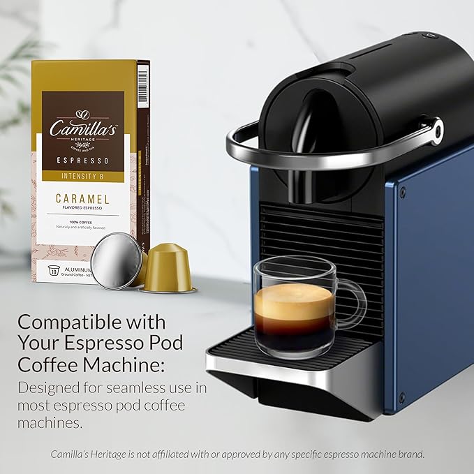 Camilla’s Heritage - Intensity 8 Caramel Flavored Espresso Coffee Gourmet Espresso Cups 60 Coffee Pods