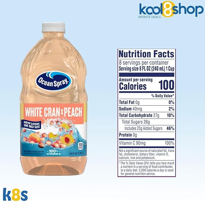 Ocean Spray White Cran Peach Juice Drink 64 fl oz Plastic Bottles 4 Pack + 15 Sugarcane Disposable Straws by KOOL8SHOP Infinite Deals