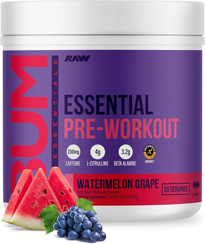 RAW Essential Pre-Workout Powder (Watermelon Grape) - Chris Bumstead Sports Nutrition Supplement for Men &amp Women - Preworkout Energy Powder with Caffeine L-Citrulline L-Tyrosine &amp Beta Alani