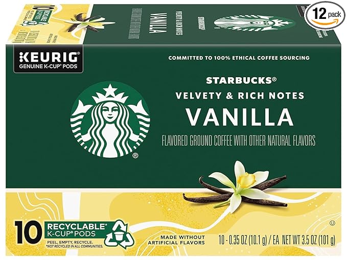 Starbucks Vanilla Flavored Coffee K-Cup Pods Light Roast Keurig Genuine K-Cup Pods 120 Count (Pack of 12 Boxes)